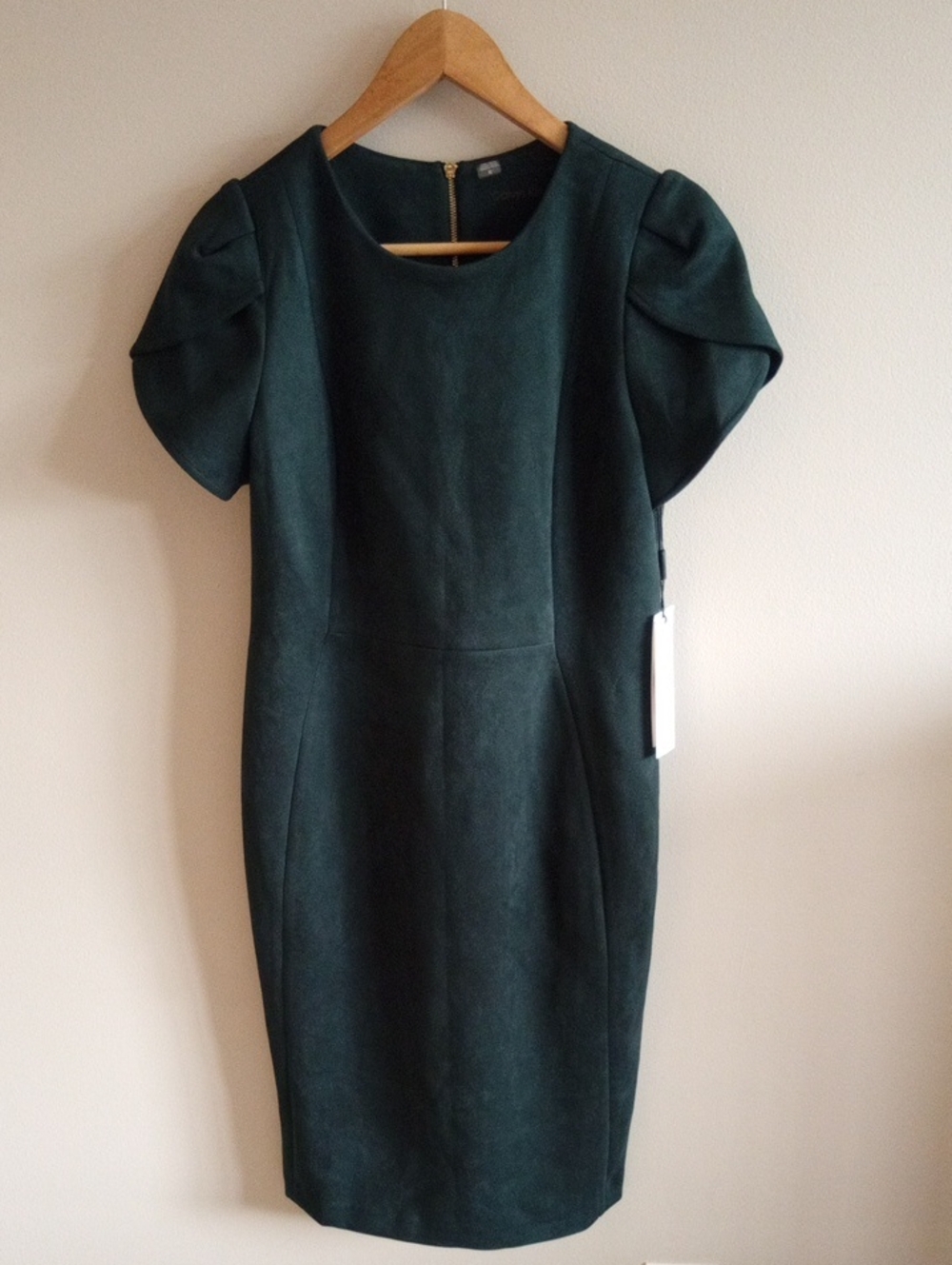 Calvin Klein Dark Green Faux Suede Puff Sleeve Midi Dress Size 10